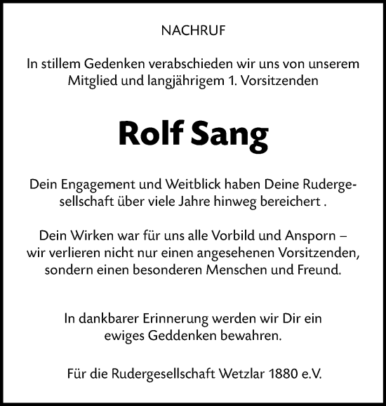 Traueranzeige von Rolf Sang von Wetzlarer Neue Zeitung