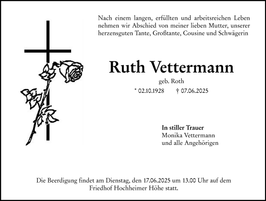 Traueranzeige von Ruth Vettermann von Wormser Zeitung