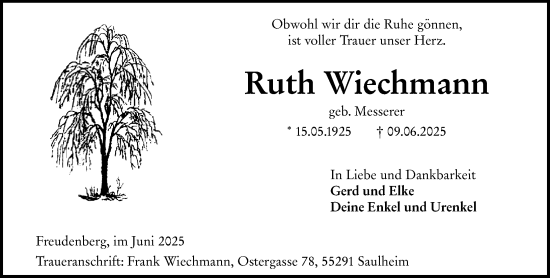 Traueranzeige von Ruth Wiechmann von Wiesbadener Kurier