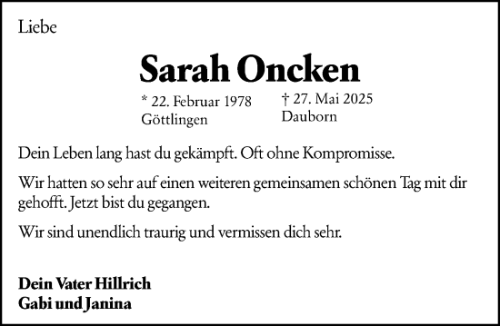 Traueranzeige von Sarah Oncken von Idsteiner Land/Untertaunus