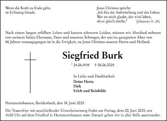 Traueranzeige von Siegfried Burk von Hinterländer Anzeiger