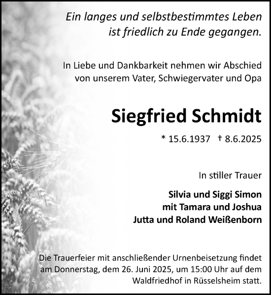 Traueranzeige von Siegfried Schmidt von Rüsselsheimer Echo