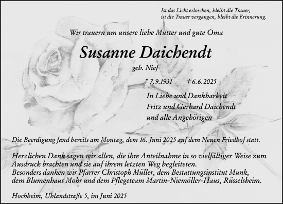 Traueranzeige von Susanne Daichendt von Hochheimer Zeitung