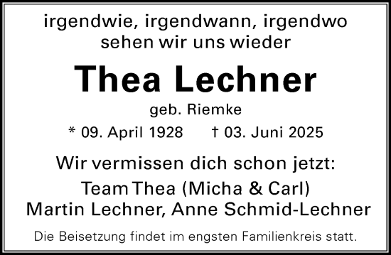 Traueranzeige von Thea Lechner von Wiesbadener Kurier