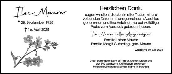 Traueranzeige von Thea Maurer von Wetzlarer Neue Zeitung