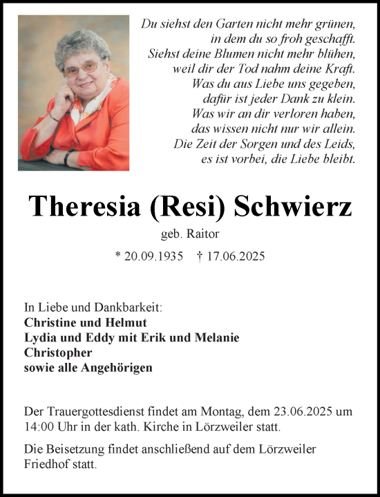 Traueranzeige von Theresia Schwierz von Allgemeine Zeitung Mainz