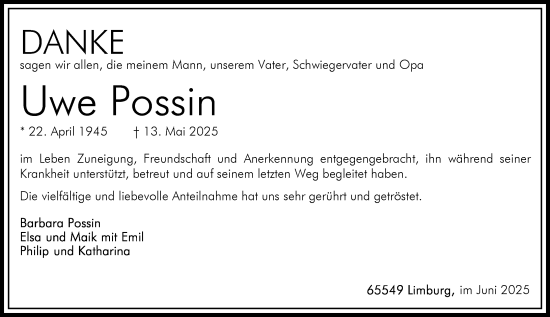 Traueranzeige von Uwe Possin von Nassauische Neue Presse