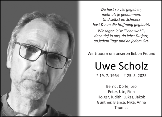 Traueranzeige von Uwe Scholz von Odenwälder Echo