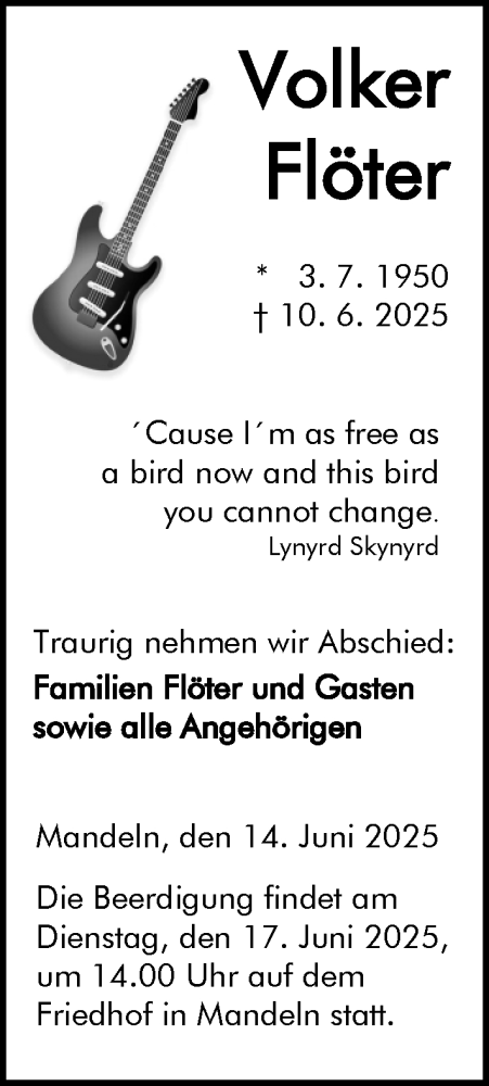 Traueranzeige von Volker Flöter von Dill Block