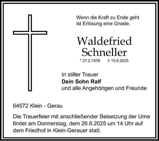 Traueranzeige von Waldefried Schneller von Groß-Gerauer Echo