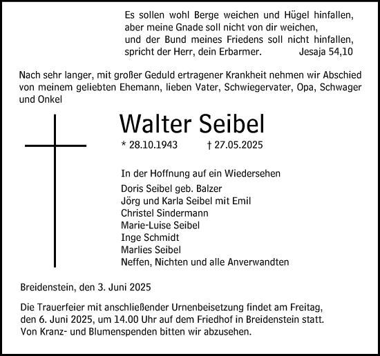 Traueranzeige von Walter Seibel von Hinterländer Anzeiger