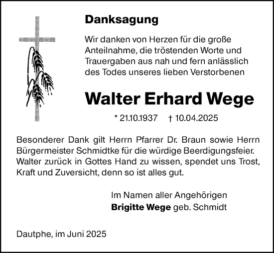 Traueranzeige von Walter Erhard Wege von Hinterländer Anzeiger