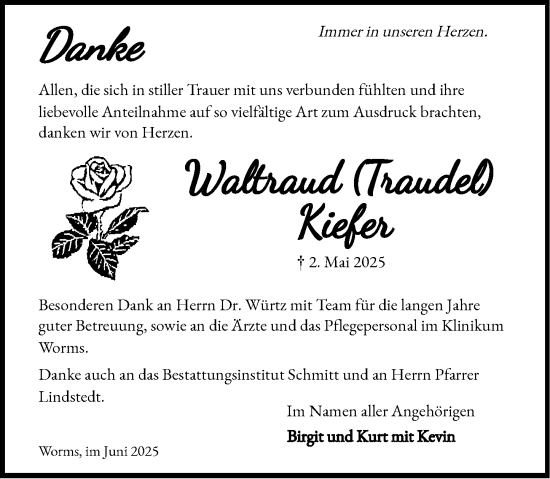 Traueranzeige von Waltraud Kiefer von Wormser Zeitung