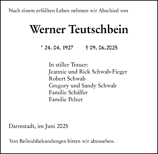 Traueranzeige von Werner Teutschbein von Darmstädter Echo