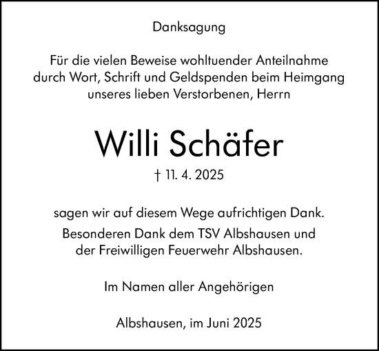 Traueranzeige von Willi Schäfer von Wetzlarer Neue Zeitung