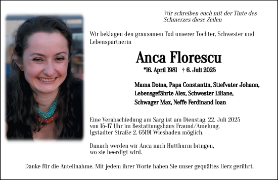 Traueranzeige von Anca Florescu von Wiesbadener Kurier
