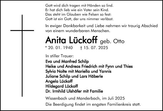 Traueranzeige von Anita Lückoff von Dill Block