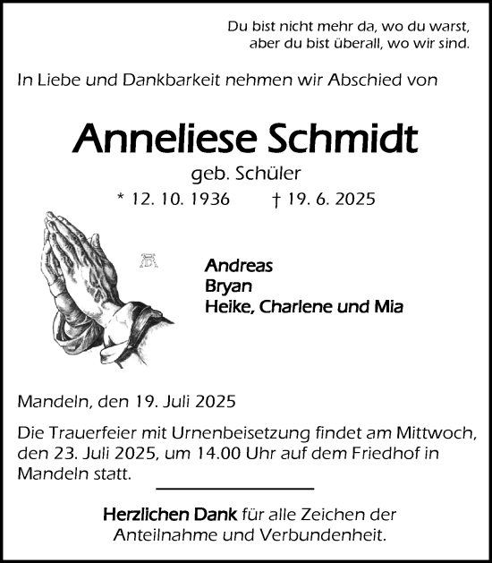 Traueranzeige von Anneliese Schmidt von Dill Block