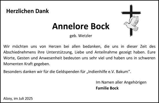 Traueranzeige von Annelore Bock von Allgemeine Zeitung Alzey