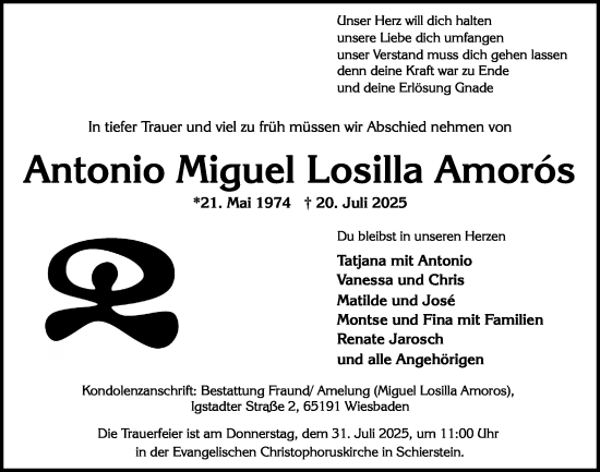 Traueranzeige von Antonio Miguel Losilla Amoros von Wiesbadener Kurier