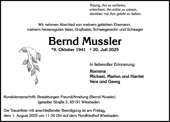 Traueranzeige von Bernd Mussler von Wiesbadener Kurier