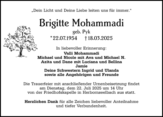 Traueranzeige von Brigitte Mohammadi von Dill Block