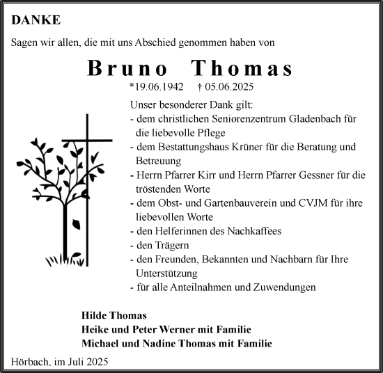 Traueranzeige von Bruno Thomas von Dill Block