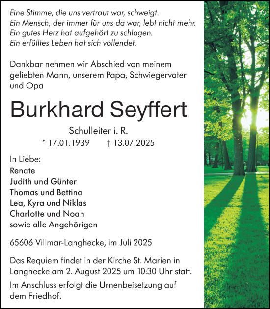 Traueranzeige von Burkhard Seyffert von Weilburger Tageblatt