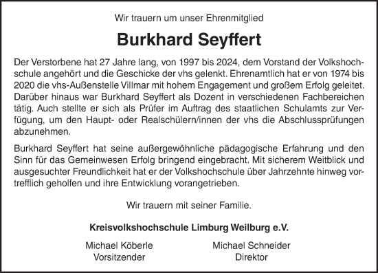 Traueranzeige von Burkhard Seyffert von Weilburger Tageblatt