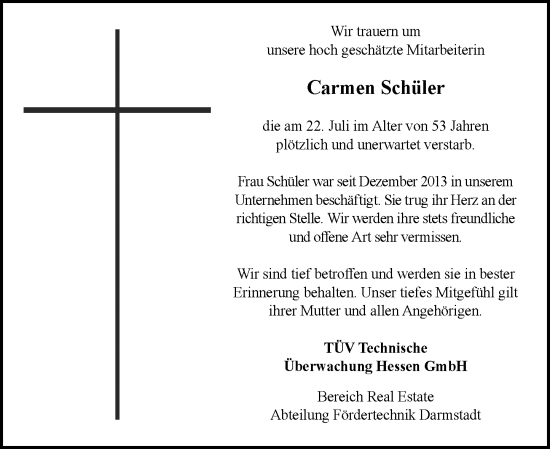 Traueranzeige von Carmen Schüler von Odenwälder Echo