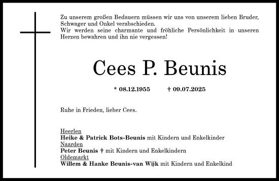 Traueranzeige von Cees P. Beunis von Allgemeine Zeitung Rheinhessen-Nahe