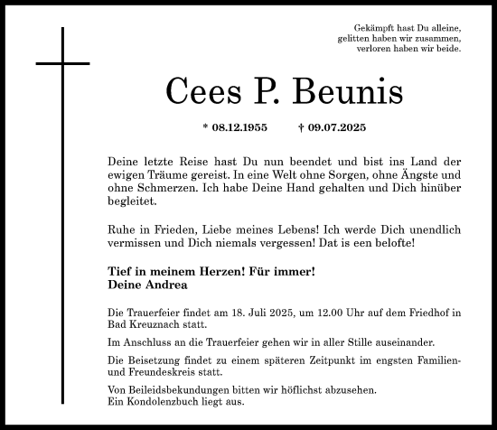Traueranzeige von Cees P. Beunis von Allgemeine Zeitung Rheinhessen-Nahe