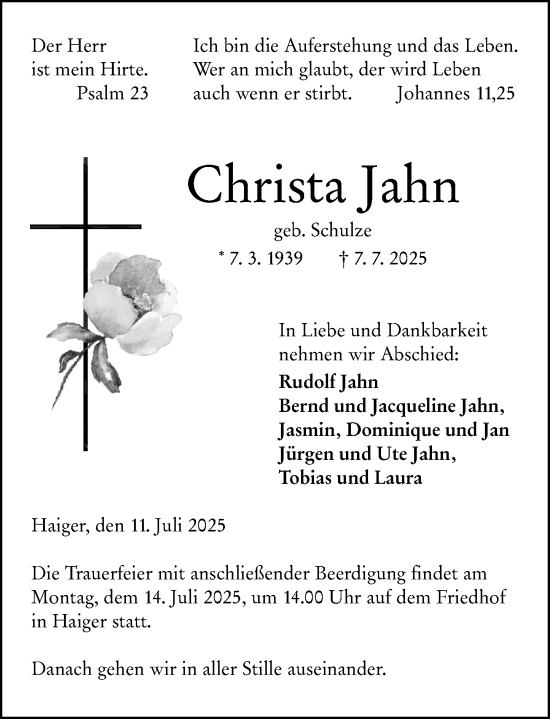 Traueranzeige von Christa Jahn von Dill Block