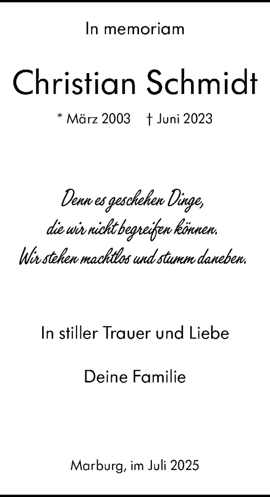 Traueranzeige von Christian Schmidt von Hinterländer Anzeiger