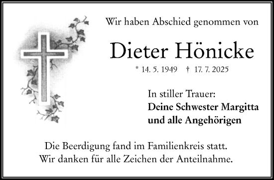 Traueranzeige von Dieter Hönicke von Wetzlarer Neue Zeitung