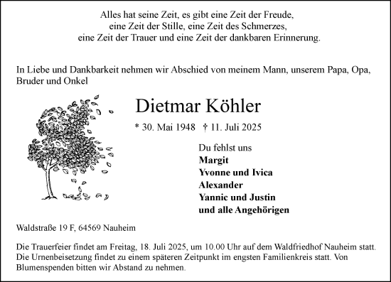 Traueranzeige von Dietmar Köhler von Rüsselsheimer Echo
