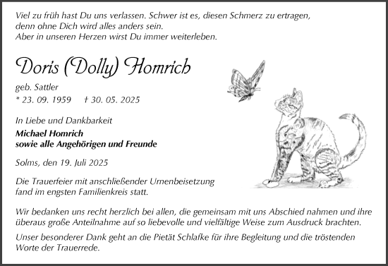 Traueranzeige von Doris Homrich von Wetzlarer Neue Zeitung