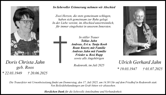 Traueranzeige von Doris und Ulrich Jahn von Dill Block