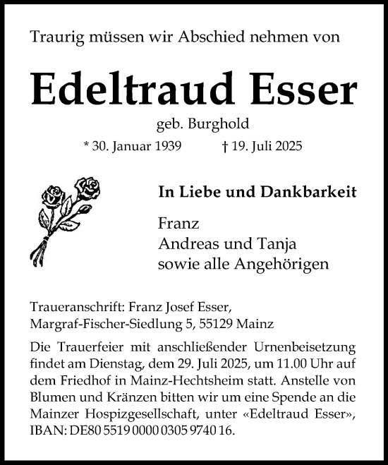 Traueranzeige von Edeltraud Esser von Allgemeine Zeitung Mainz