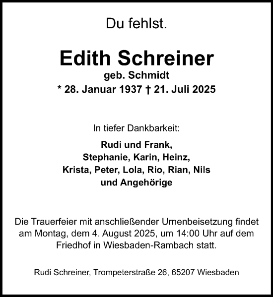 Traueranzeige von Edith Schreiner von Wiesbadener Kurier