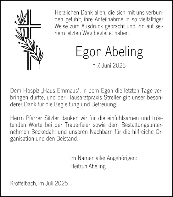 Traueranzeige von Egon Abeling von Wetzlarer Neue Zeitung