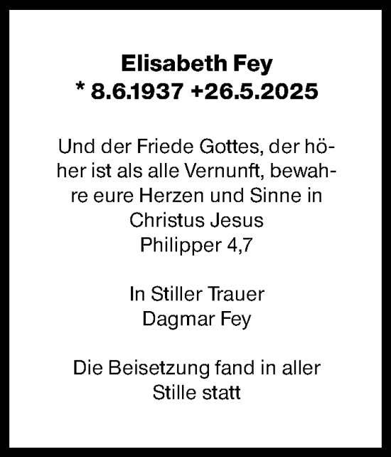 Traueranzeige von Elisabeth Fey von Darmstädter Echo