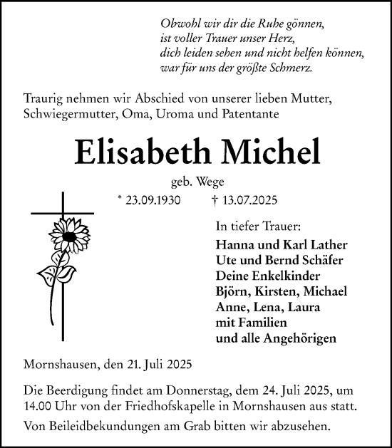 Traueranzeige von Elisabeth Michel von Hinterländer Anzeiger