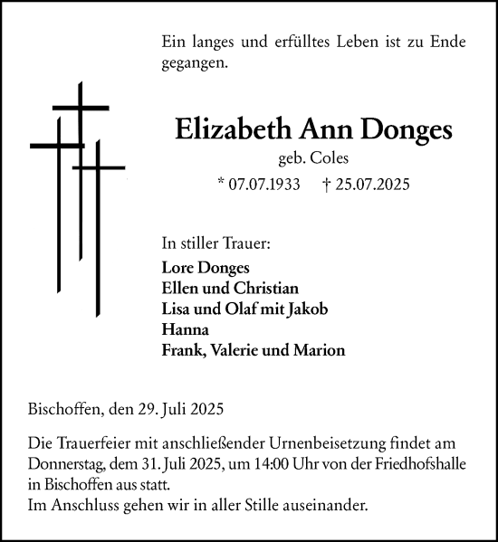 Traueranzeige von Elizabeth Ann Donges von Dill Block