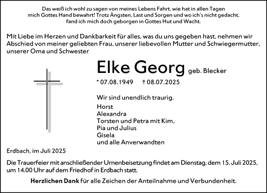 Traueranzeige von Elke Georg von Dill Block