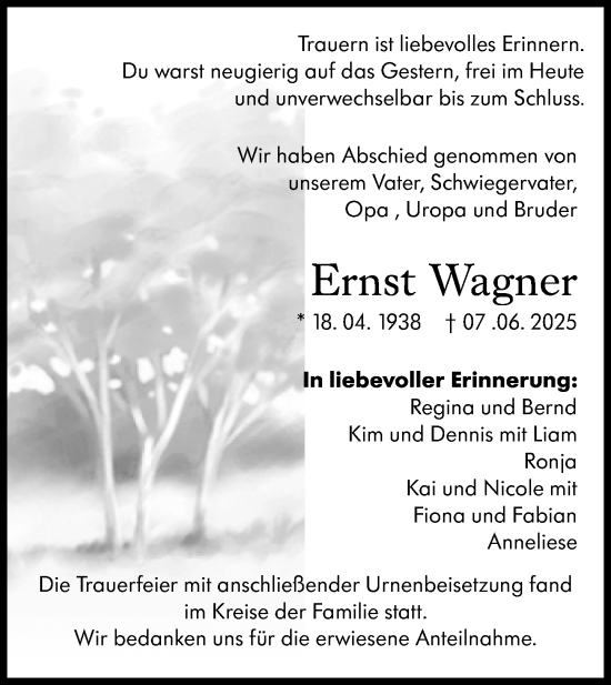 Traueranzeige von Ernst Wagner von Wetzlarer Neue Zeitung
