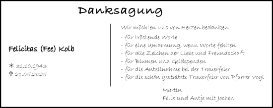 Traueranzeige von Felicitas Kolb von Dieburger Anzeiger/Groß-Zimmerner Lokal-Anzeiger