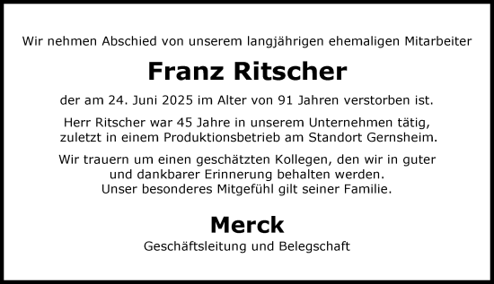 Traueranzeige von Franz Ritscher von Darmstädter Echo