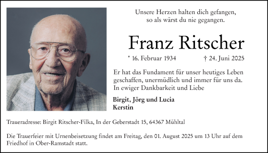 Traueranzeige von Franz Ritscher von Darmstädter Echo