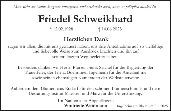 Traueranzeige von Friedel Schweikhard von Allgemeine Zeitung Rheinhessen-Nahe